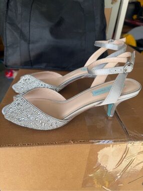 Betsey Johnson Silver Crystal Embellished Ankle-Strap Kitten Heels